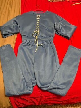 Lace-Up Cropped Sweatshirt & Joggers Set - Blue